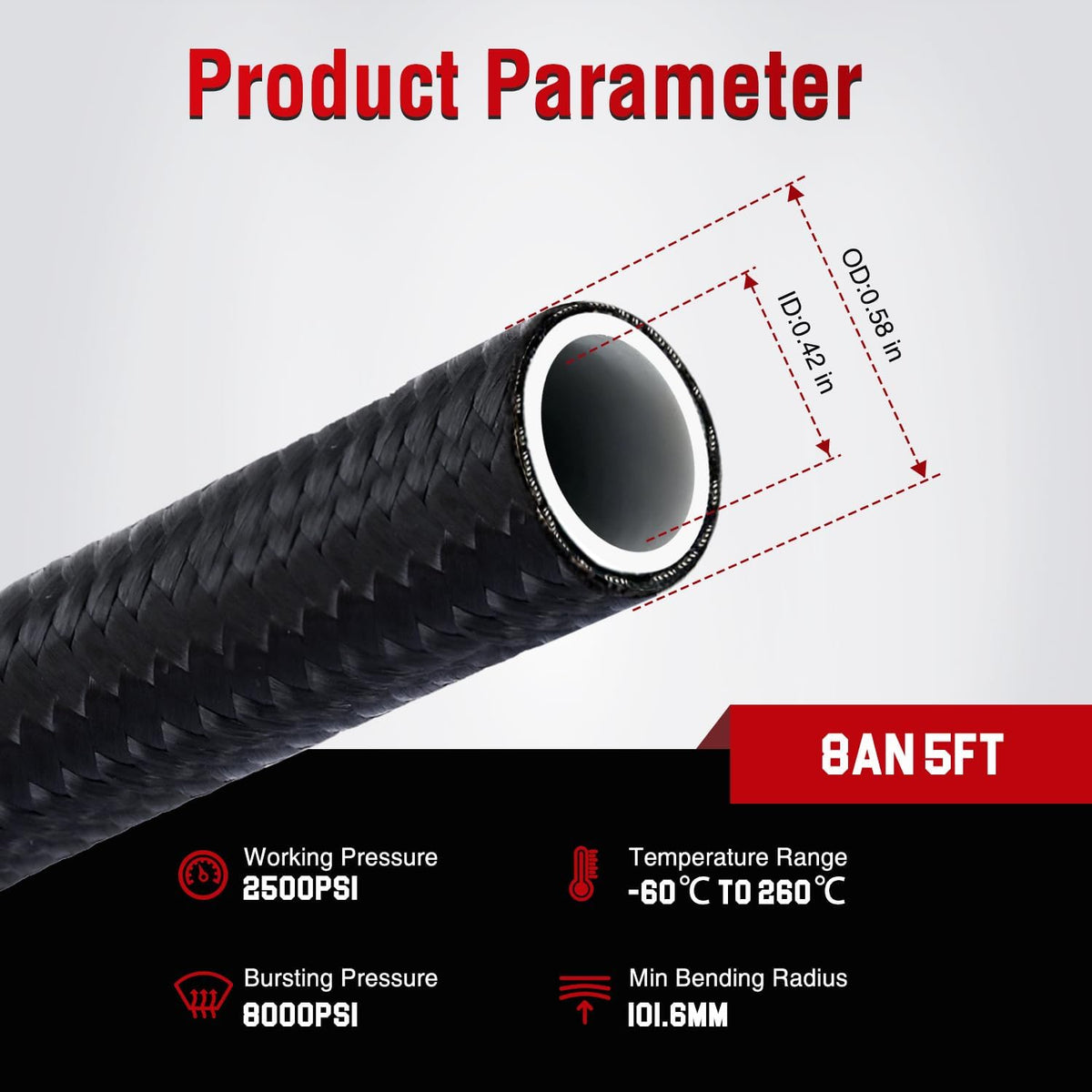 8AN 5FT PTFE Stainless Steel Braided Fuel Line Hose Only | Compatible with E85 PTFE Teflon EFI Fuel Line Universal for LS Engines & Automotive Racing Applications