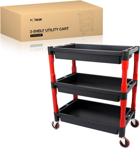 3-Tier Rolling Utility Cart with 4 Inch Swivel Wheels, Heavy-Duty Plastic Tool Cart for Auto Detailing, Garage & Workshop