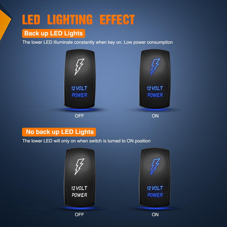 12 Volt Power Rocker Switch Led Light Bar 5 Pin Laser On Off SPST Switches 20A/12V 10A/24V Blue with Jumper Wires Set for Cars Trucks Boats ATVs UTVs RVs