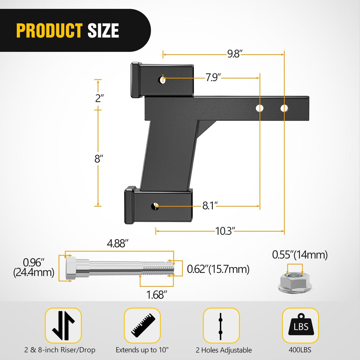 Trailer Hitch Extension Riser for 2 Inch Receiver with 2 and 8Inch Rise or Drop with Bolt Nut Clip 10,000 lbs Capacity Adjustable Extend 8 Inch 10 Inch Length Black Coated for Class I-VI Receivers