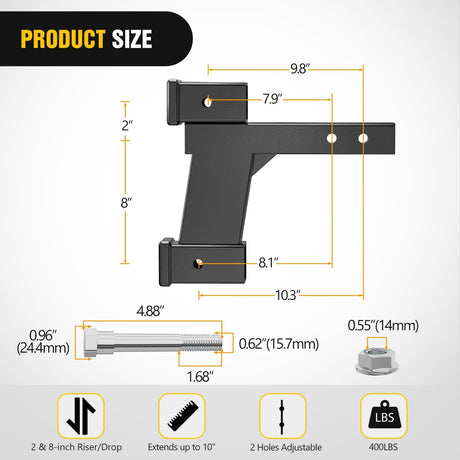Trailer Hitch Extension Riser for 2 Inch Receiver with 2 and 8Inch Rise or Drop with Bolt Nut Clip 10,000 lbs Capacity Adjustable Extend 8 Inch 10 Inch Length Black Coated for Class I-VI Receivers