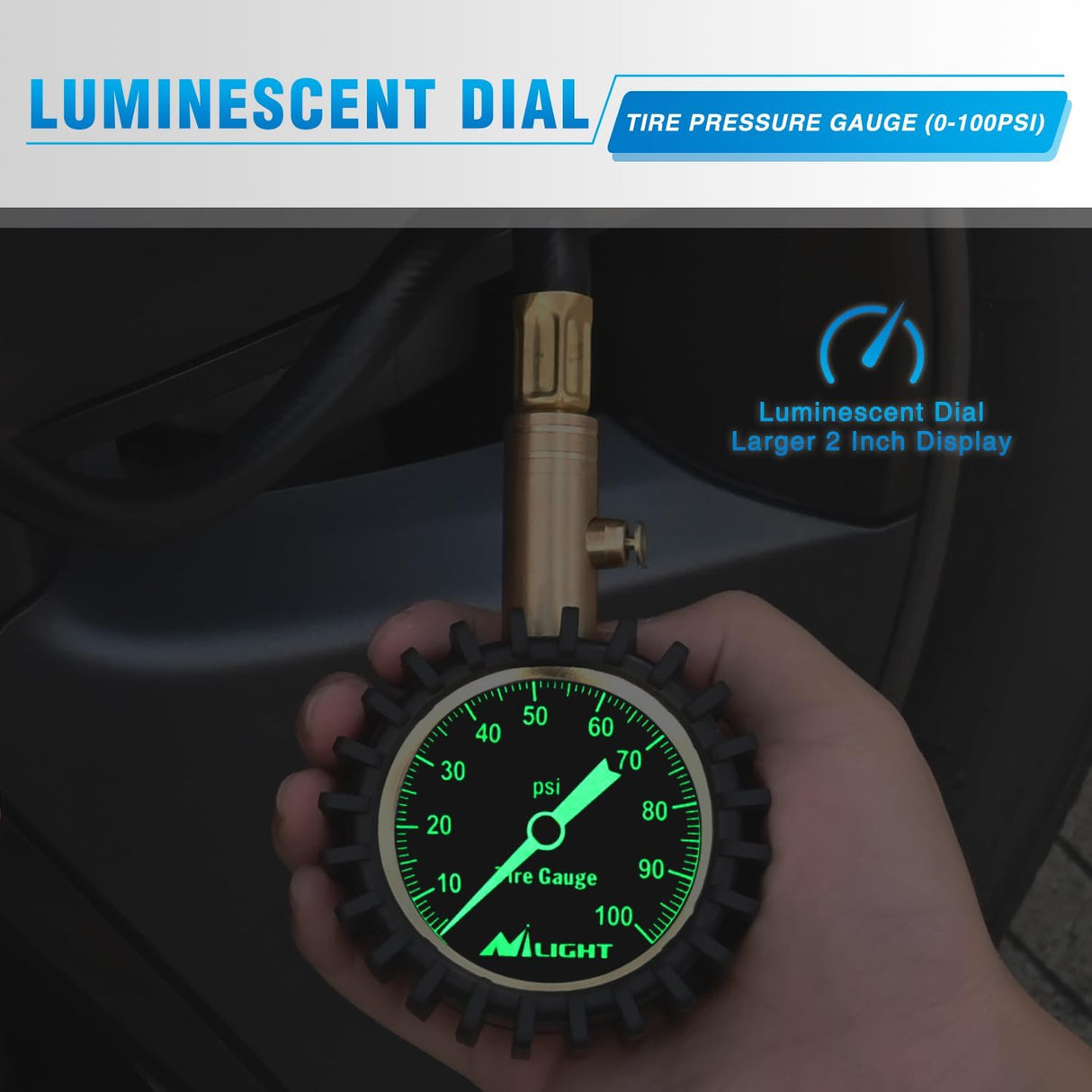 Tire Pressure Gauge 100PSI Heavy Duty Large 2 Inch Glow Dial ANSI B40.1 Certified Air Chucks Accurate Reading with Extended Hose for Truck Semi Truck ATV Motorhome Cars & RV Accessories