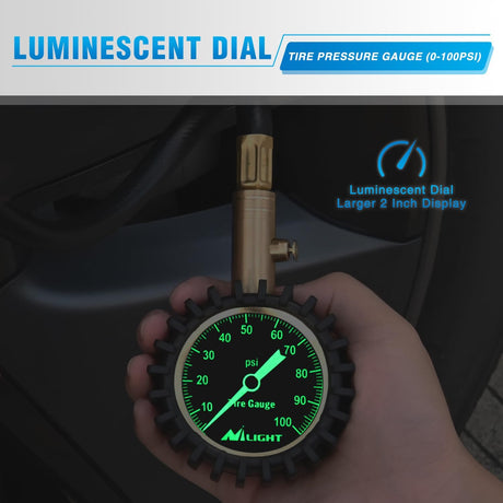 Tire Pressure Gauge 100PSI Heavy Duty Large 2 Inch Glow Dial ANSI B40.1 Certified Air Chucks Accurate Reading with Extended Hose for Truck Semi Truck ATV Motorhome Cars & RV Accessories