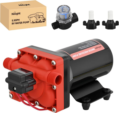 RV Water Pump 12v Camper Water Pump 5.5 GPM 70 PSI with Pressure Switch& Strainer Heavy Duty Diaphragm Pump 12 Volt DC Upgrade Self-Priming Low Noice for RV Camper Marine Yacht Caravan Trailer