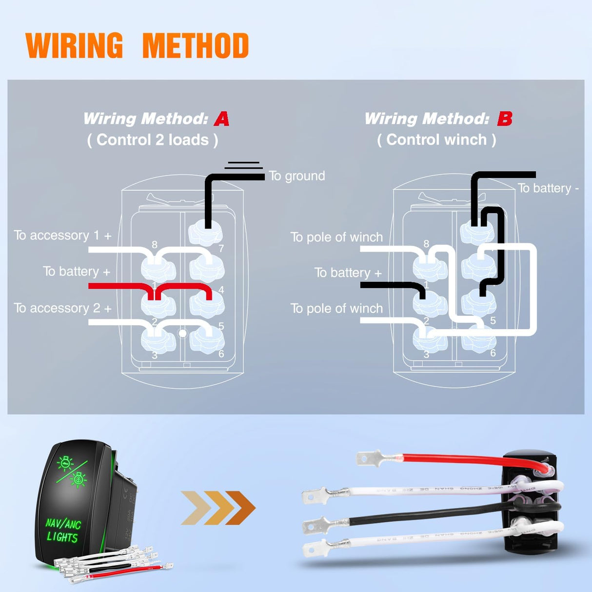 NAV/ANC Rocker Switch 7Pin Navigation Anchor Lights Toggle On Off DPDT Laser Etched 12V 24V Jumper Wires for ARB Carling NARVA Style Marine Boat Ship Vessel