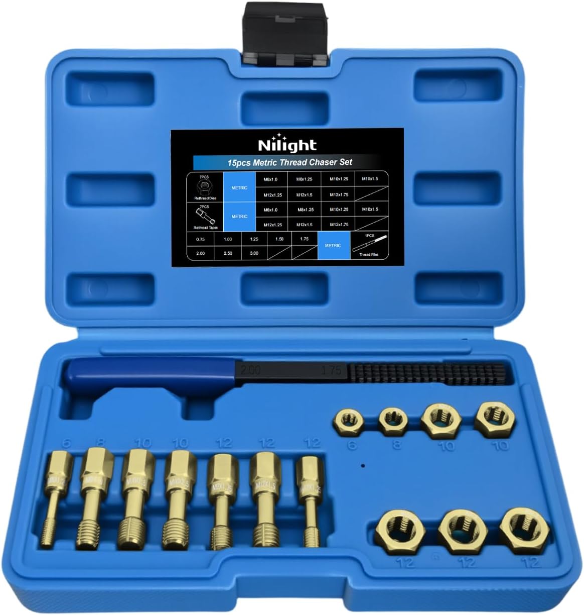15PCS Metric Thread Chaser Set with Case Universal M6 M8 M10 M12 | 7 Taps 7 Dies 1 Threads File Thread Repair Kit Master Automotive Tool for Mechanics Auto Shops Home Garage Mobile Repair