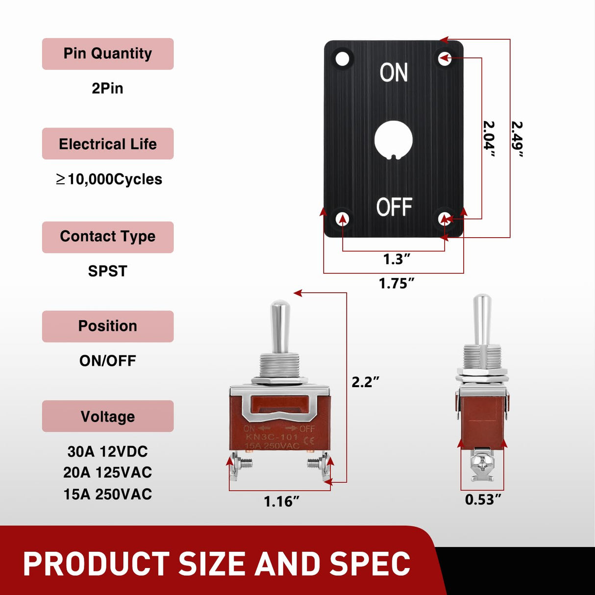 Heavy Duty Toggle Switch Waterproof 2 Pin 2 Position ON Off SPST 12V DC 30A with Mounting Panel and Weatherproof Cap Cover for Auto Car Marine Boat Automotive