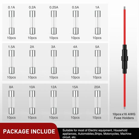 150PCS Fast Blow Glass Fuses with 10PCS 5x20mm Inline Holder Screw Type16AWG 250V 0.1A 0.2A 0.25A 0.5A 1A 1.5A 2A 3A 4A 5A 8A 10A 12A 15A 20A Tube Fuse Assortment