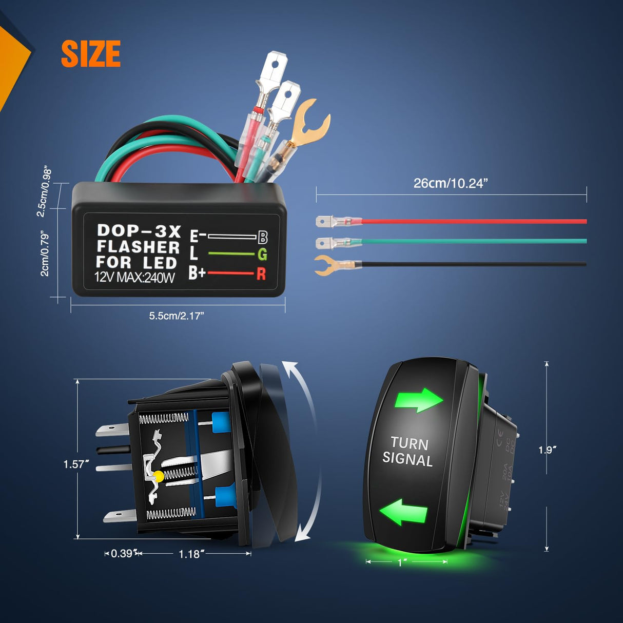 Turn Signal Switch with Flasher Relay Kit 4PIN ON Off ON Rocker Switches w/Green LED Laser Etched SPDT 12V 20A 24V 10A Jumper Wires for ATV UTV Tractor Motorcycle