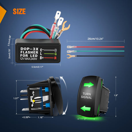 Turn Signal Switch with Flasher Relay Kit 4PIN ON Off ON Rocker Switches w/Green LED Laser Etched SPDT 12V 20A 24V 10A Jumper Wires for ATV UTV Tractor Motorcycle