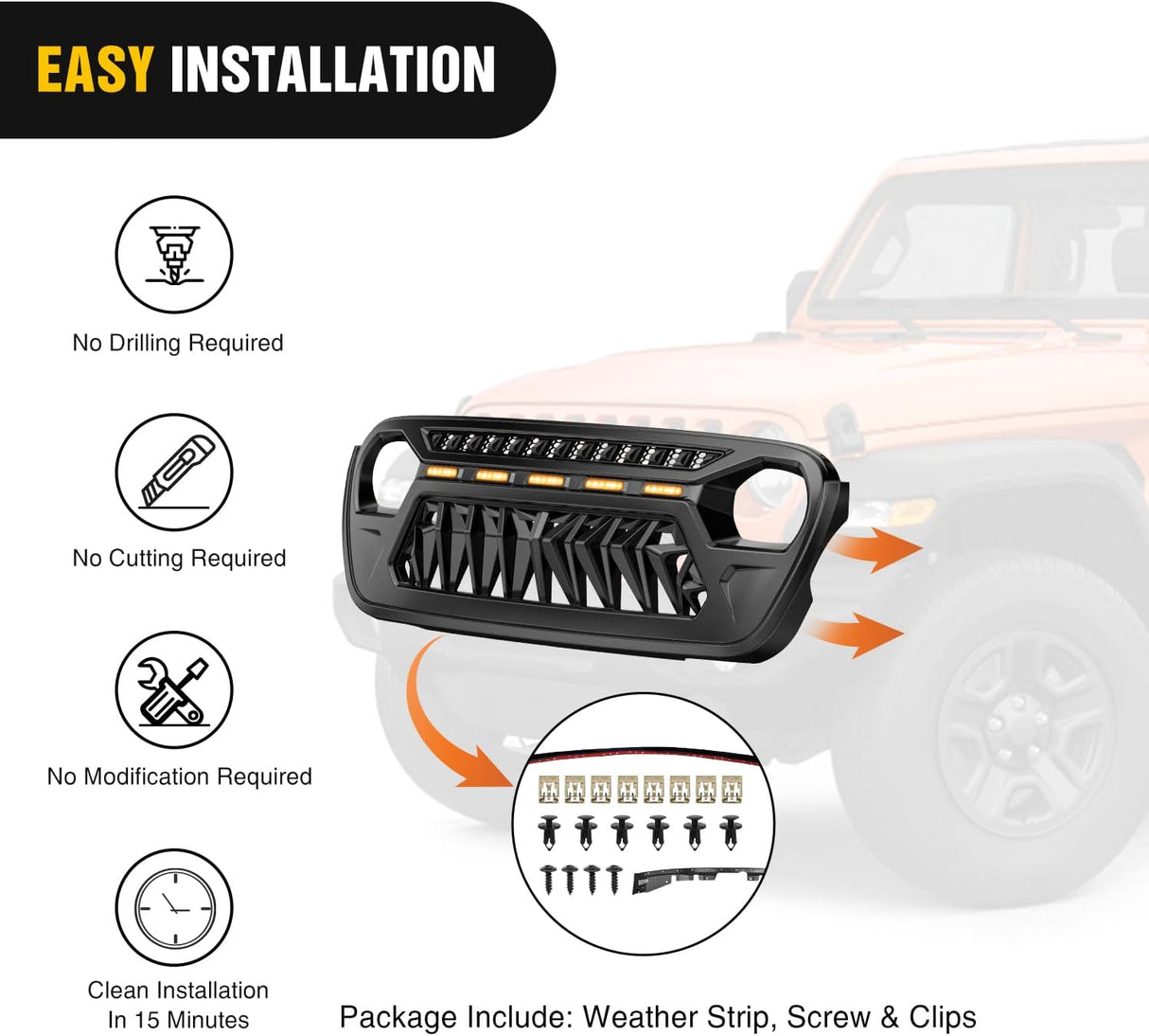 Front Grille Cover for 2018 2019 2020 2021 2022 2023 2024 2025 Wrangler JL and Gladiator JT with LED Amber Lights Matte Black