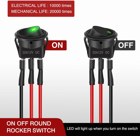 8PCS Round Rocker Switches 12V 24V 20A Green LED Toggle swtiches SPST with 16AWG Presoldered Wires 3Pin 2Position for Car Truck Vehicle Boat Marine Rocker On Off Control