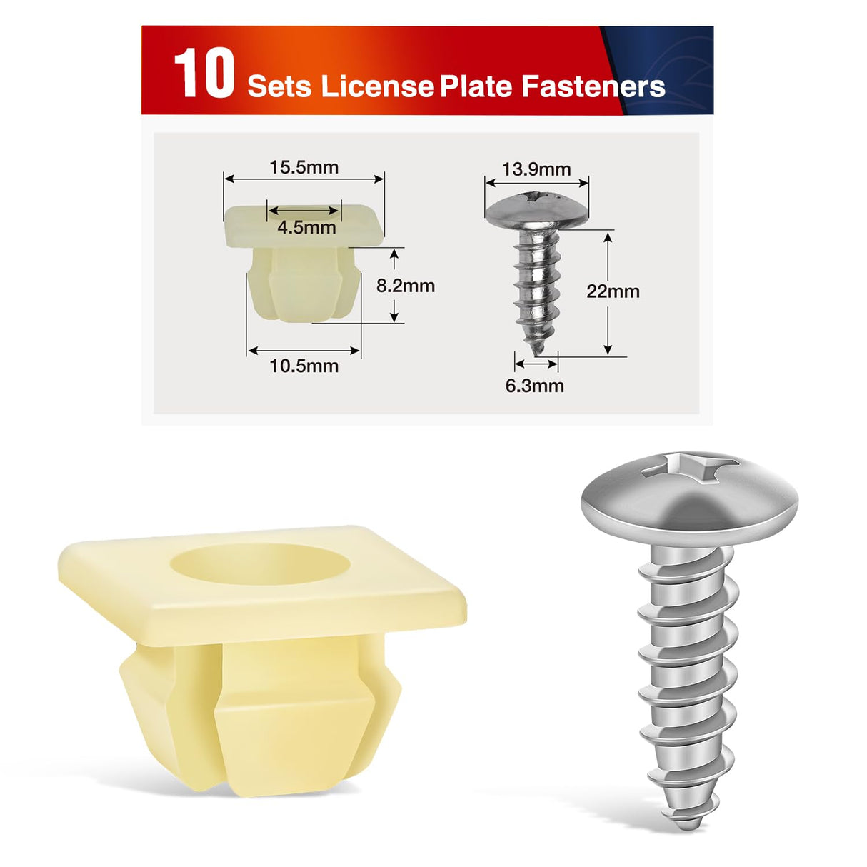 License Plate Screw Kit, Stainless Steel Screws with Nylon Nuts for Fastening Front and Back License Plates on Cars, SUVs, Trucks 3907444 15614745 4755299 (Set of 10)
