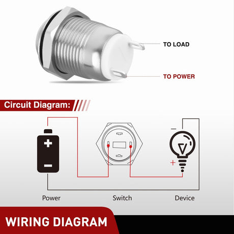 12mm Momentary Push Button Switch 6PCS 12V Waterproof Stainless Steel Small Round Power Push Button Switches 2 Pin for Car Automotive Truck Boat Marine Off-Road Vehicle