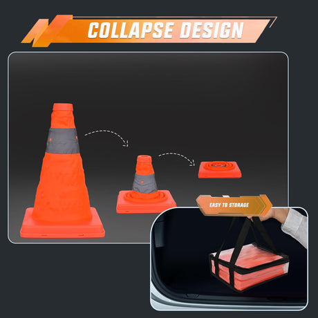 18 Inch Collapsible Traffic Safety Cone - Bright Orange Parking Cones with Reflective Collars for Roadside Emergency, Parking, Driving Practice