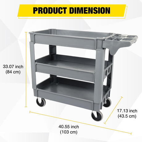 Heavy Duty 3-Shelf Plastic Utility Cart - 550 lbs Capacity Rolling Service Cart with 5 Inch TPU Silent Wheels & Integrated Tool Handle - Grey