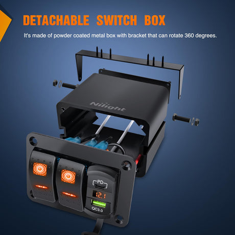 2 Gang Rocker Switch Box 12V SPST ON Off Toggle Switches PD Type C and QC 3.0 USB Sockcet Voltmeter LED Light Waterproof Aluminum Mount Bracket Panel DIY Stickers for Boat Car RV Truck