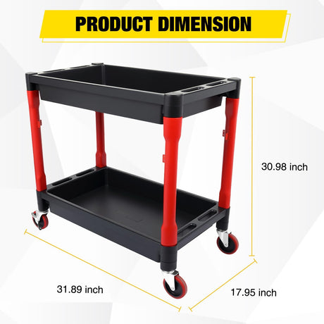 2-Tier Rolling Utility Cart with 4 Inch Swivel Wheels, Heavy-Duty Plastic Tool Cart for Auto Detailing, Garage & Workshop