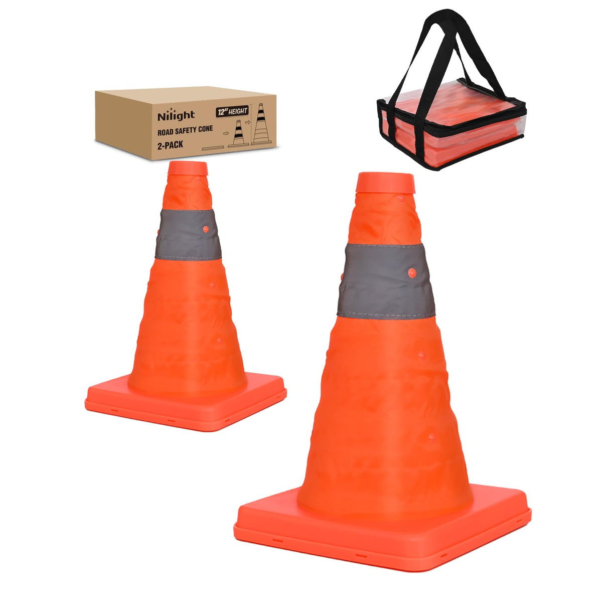 12 Inch Collapsible Traffic Safety Cones 2 Pack - Bright Orange Parking Cones with Reflective Collars for Roadside Emergency, Parking, Driving Practice