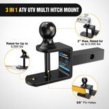 3 in 1 ATV UTV Multi Hitch Mount Fits 1-1/4 Inch Receiver with 2 inch Ball Hitch Rated 2000 LBS Winch Strap Loop Rated 5000 LBS