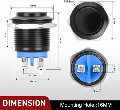 16mm Momentary Push Button Switch 12V Waterproof Black Metal Round Starter Power Switches 2PCS 2 Pin Screw Terminal for Car Truck Horn Boat Marine RV Vehicle