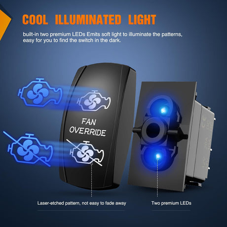 Fan Override Rocker Switch Led Light Bar 5 Pin Laser On Off SPST Switches 20A/12V 10A/24V Blue with Jumper Wires Set for Cars Trucks Boats ATVs UTVs RVs