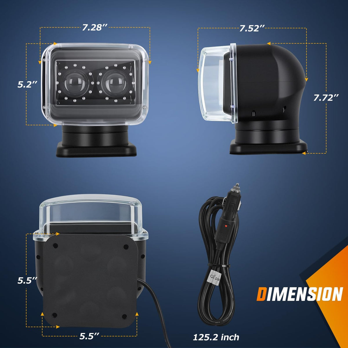 Boat Spotlight 60W 5000LM Magnetic LED Light 12V-24V Offroad | Remote Controlled 360° Rotating Spotlight with Magnetic Base for Boats Trucks Utvs Tractors Hunting and Search
