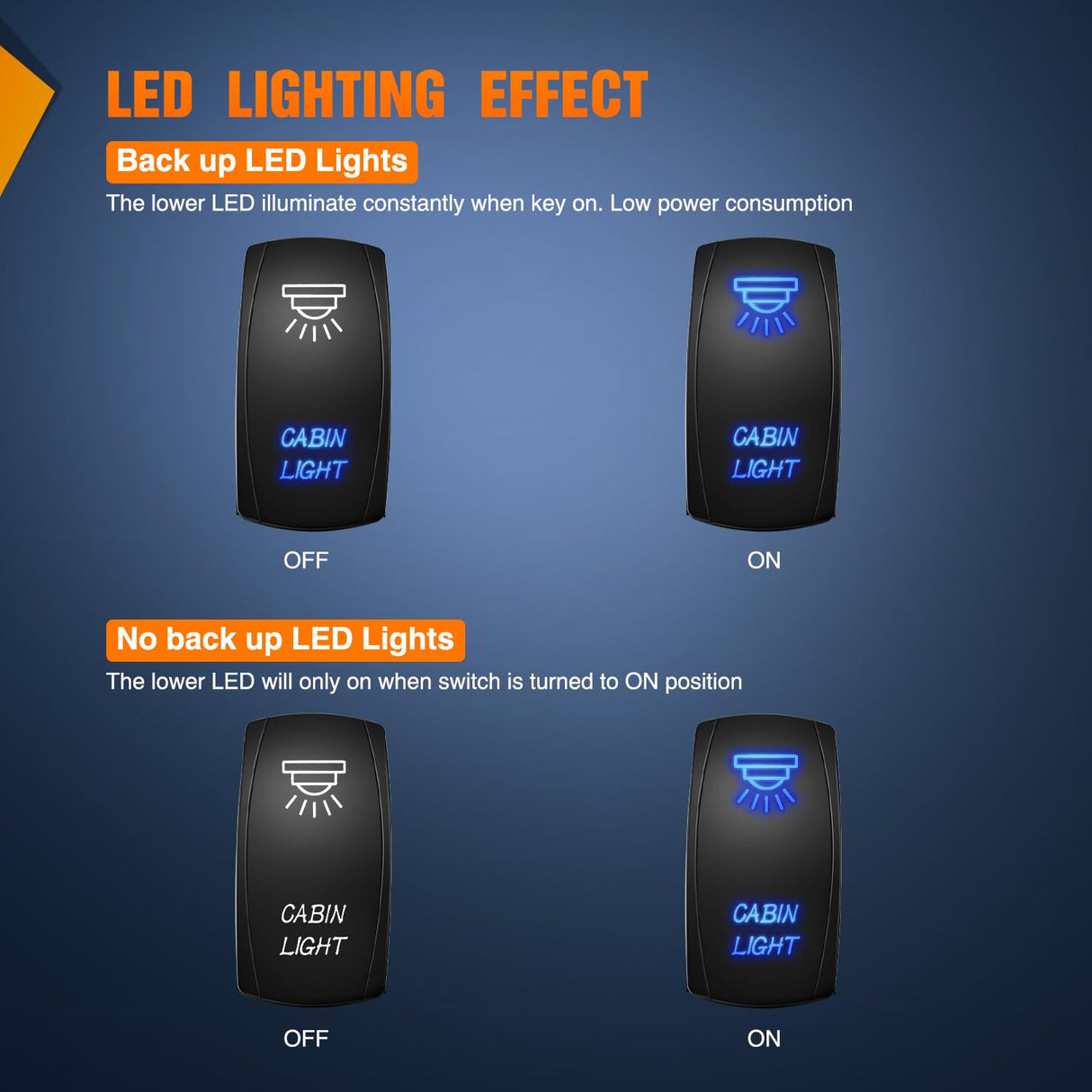 Cabin Light Rocker Switch Led Bar 5 Pin Laser On Off SPST Switches 20A/12V 10A/24V Blue with Jumper Wires Set for Cars Trucks Boats ATVs UTVs RVs