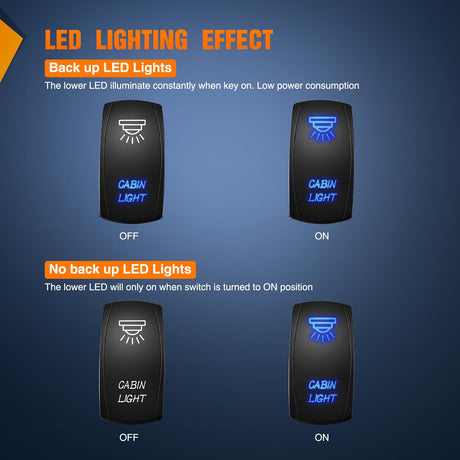 Cabin Light Rocker Switch Led Bar 5 Pin Laser On Off SPST Switches 20A/12V 10A/24V Blue with Jumper Wires Set for Cars Trucks Boats ATVs UTVs RVs