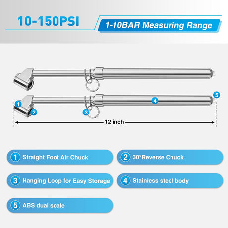 Dual Head Tire Pressure Gauge Heavy Duty Truck Air Chuck Range 10-150PSI 1-10Bar Tire Pressure Checker Straight-On Tire Air Gauge Extended Tube for Semi Truck, RV, Car, Motorcycle