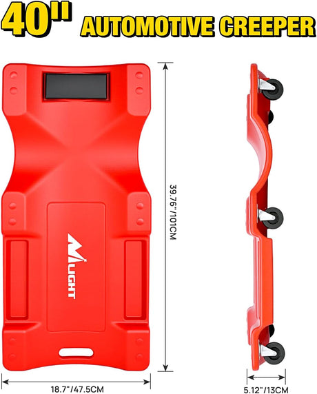 40 Inch Mechanic Plastic Creeper - 40 Inches Heavy Duty Shop Creeper with Padded Headrest and 6 Casters, 350 lbs Capacity, Red