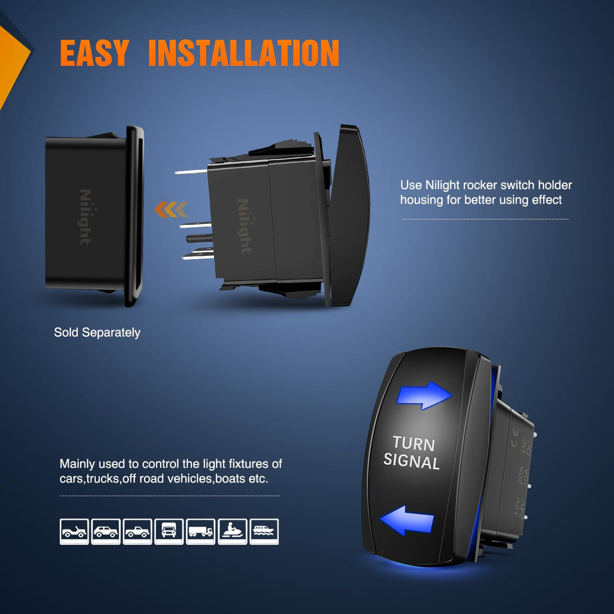 Turn Signal Switch with Flasher Relay Kit 4PIN ON Off ON Rocker Switch w/Blue LED Laser Etched SPDT Toggle Switches 12V 20A 24V 10A Jumper Wires for ATV UTV Tractor Motorcycle