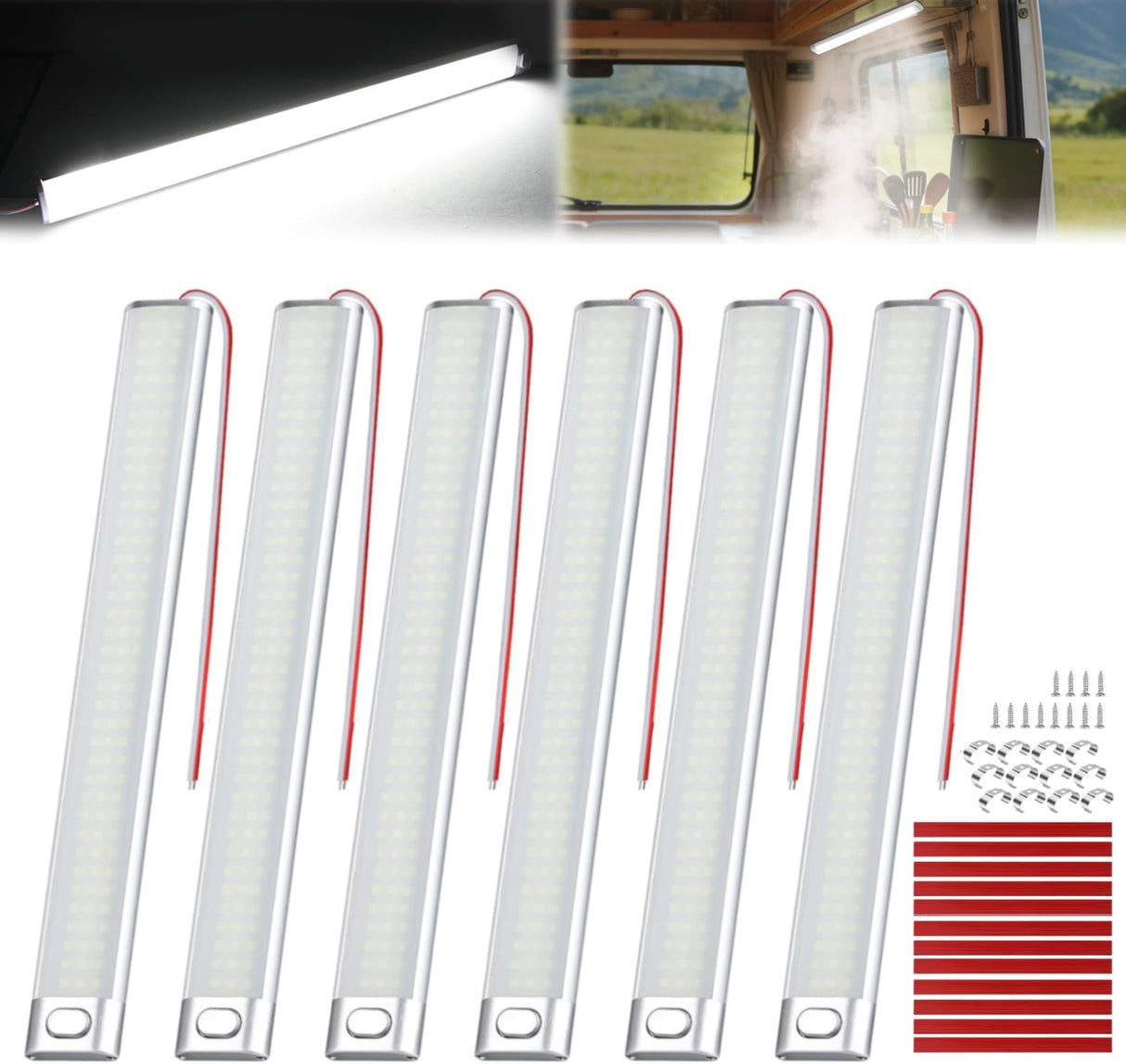 LED Interior Light Bar 6PCS 15.4 Inch Strip Lights White | 168 LEDs with 1600LM Output On Off Switch and 12V to 85V Compatibility for RV Camper Trailer Boat and Van