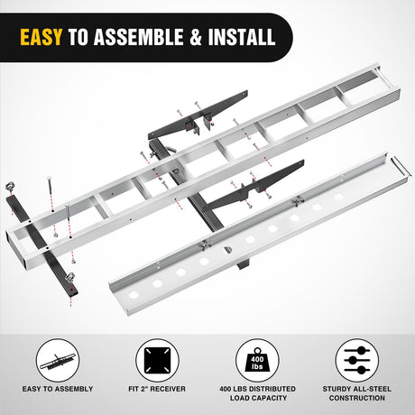 Motorcycle Hitch Carrier 400LBS, Lightweight Robust Aluminum Dirt Bike Hitch Hauler with 55.11 Inch Longer Ramp, Pin Lock, Tie-Down Strap and Tightener, 2 Inch Receiver, 5 Inch Wide Tire