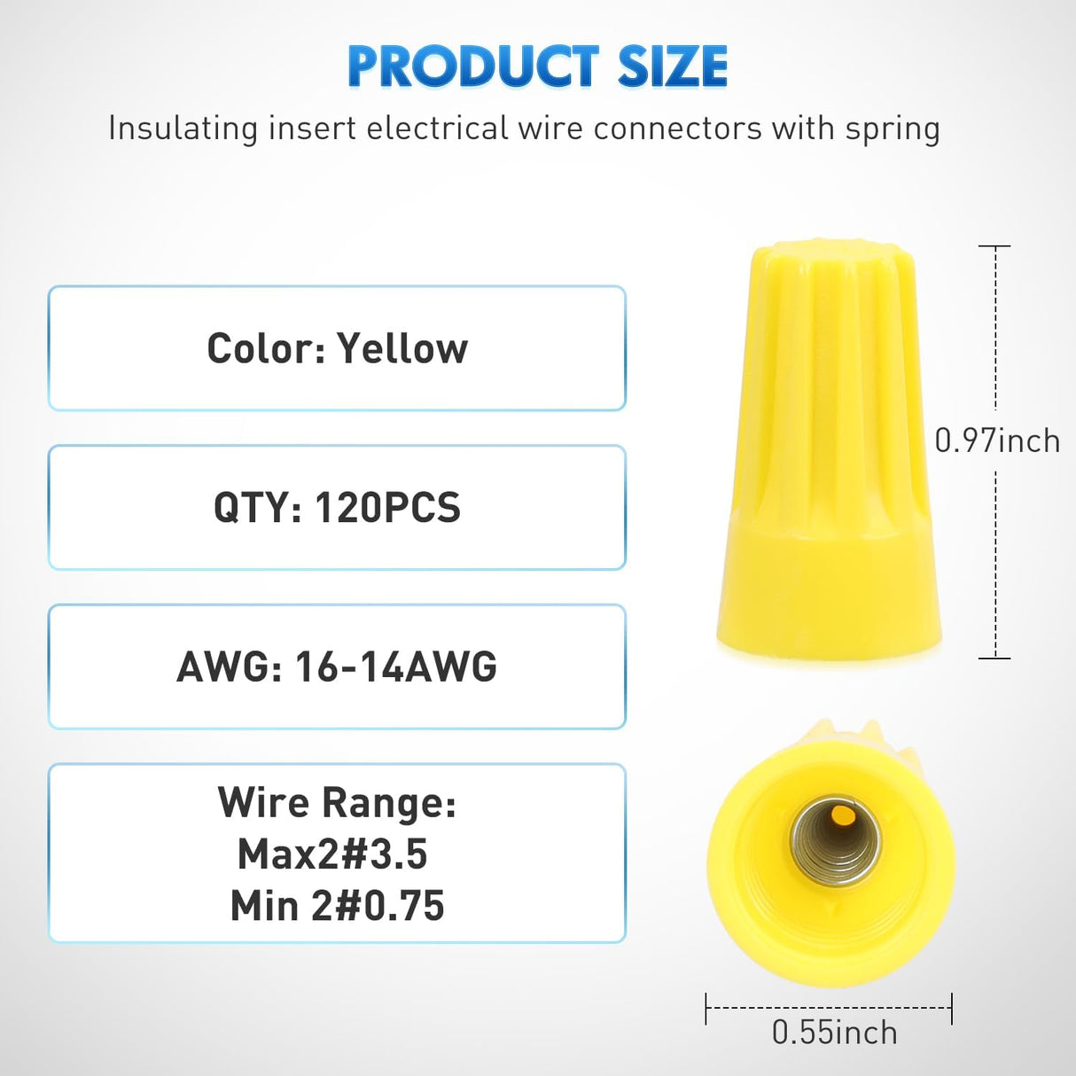 120PCS Yellow Wire Connectors Kit 16-14 AWG Electric Wire Caps Insulating Insert Twist Electrical Wire Terminal with Spring for Connect Electrical Wiring Automotive Car Truck Boats Marine