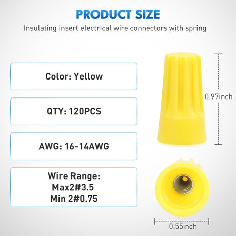 120PCS Yellow Wire Connectors Kit 16-14 AWG Electric Wire Caps Insulating Insert Twist Electrical Wire Terminal with Spring for Connect Electrical Wiring Automotive Car Truck Boats Marine
