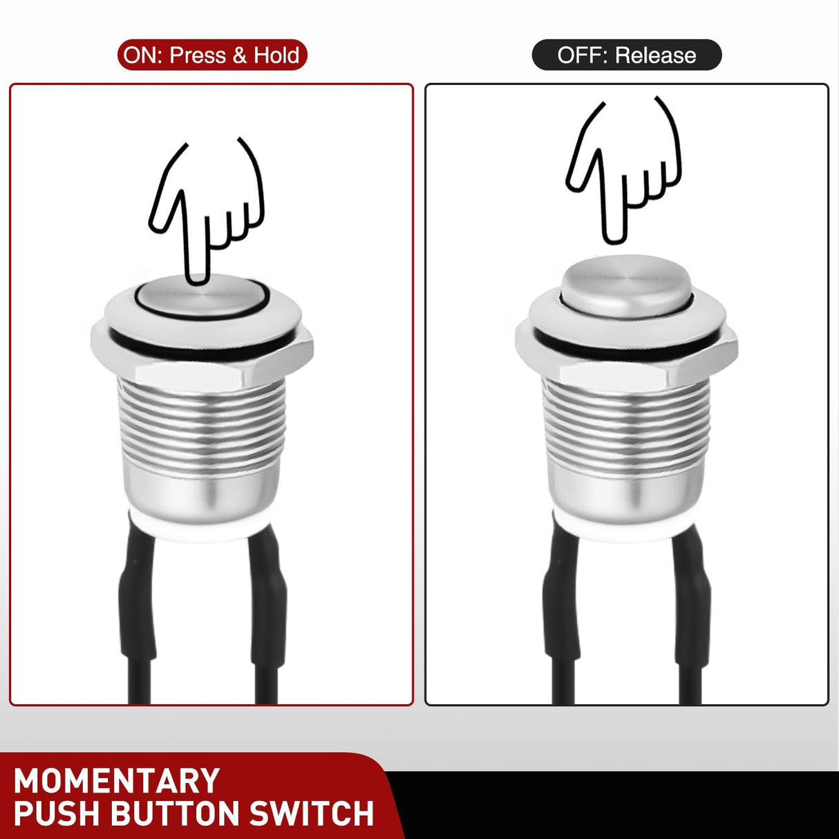 12mm Momentary Push Button Switch 6PCS with Pre Wired Harness 12V Waterproof Stainless Steel Small Round Power Push Button Switches 2 Pin for Car Automotive Truck Boat Marine Off-Road Vehicle