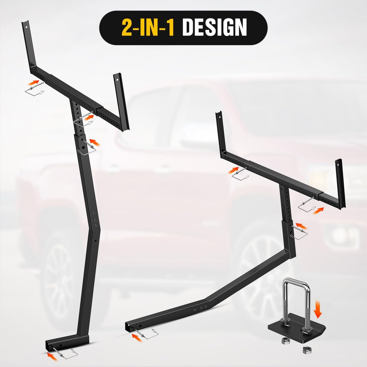 Truck Bed Extender w/Straps & Receiver Tightener & Flag, Fits 2-inch Hitch Receiver, 2-in 1 Pickup Hitch Mount Truck Bed Extension for Rack, SUV, Lumber, Ladder, Canoe, Boat, Kayak, Pipes
