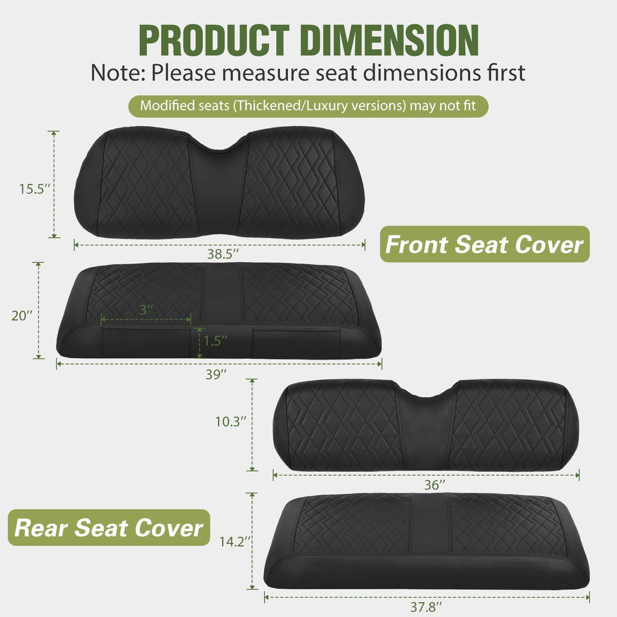 Golf Cart Seat Covers 2PCS Black Leather Club Car Precedent | Waterproof Leather No Staple Design All Season Protection Sun Scratch Resistant Cover Fits 2004-2019 Club Car Precedent