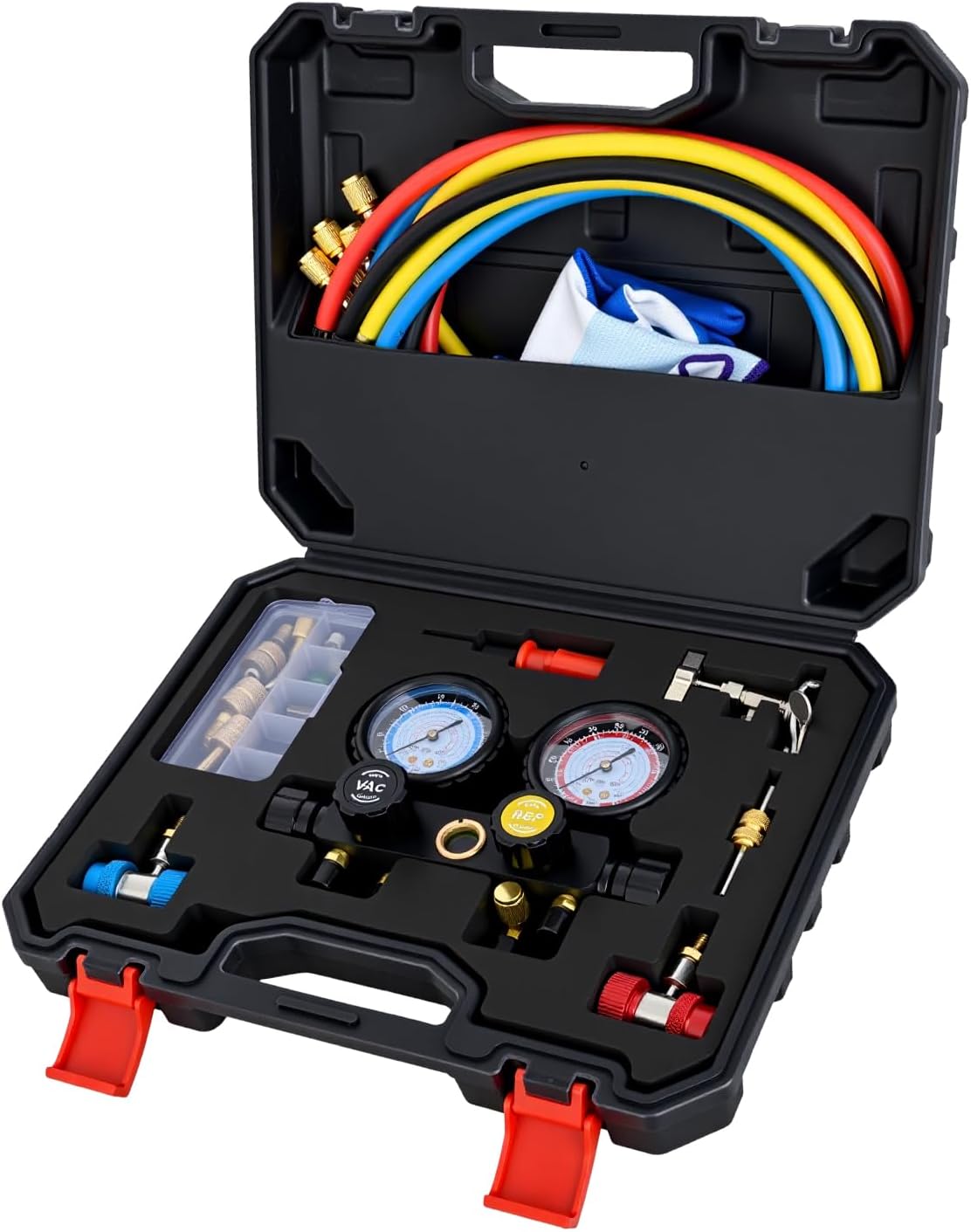 A/C Manifold Gauge Set Fits for R134a R410A R22 R404A 4-Way Auto HVAC Diagnostic Gauges Refrigerant Recharge kit with Adjustable Couplers 5FT Hoses Universal Can Tap