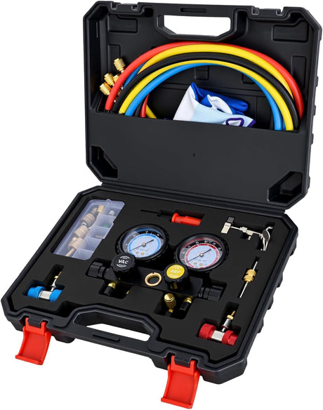 A/C Manifold Gauge Set Fits for R134a R410A R22 R404A 4-Way Auto HVAC Diagnostic Gauges Refrigerant Recharge kit with Adjustable Couplers 5FT Hoses Universal Can Tap