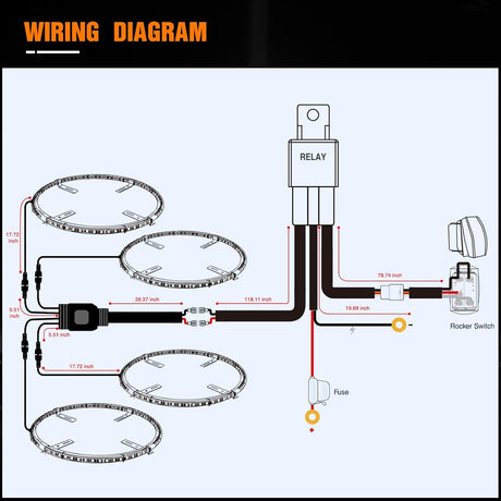 4PCS 15.5inch Double Row LED Wheel Ring Lights Pure White with Wiring Harness Kit Rocker Switch Control Dual Row for Car Van SUV Truck