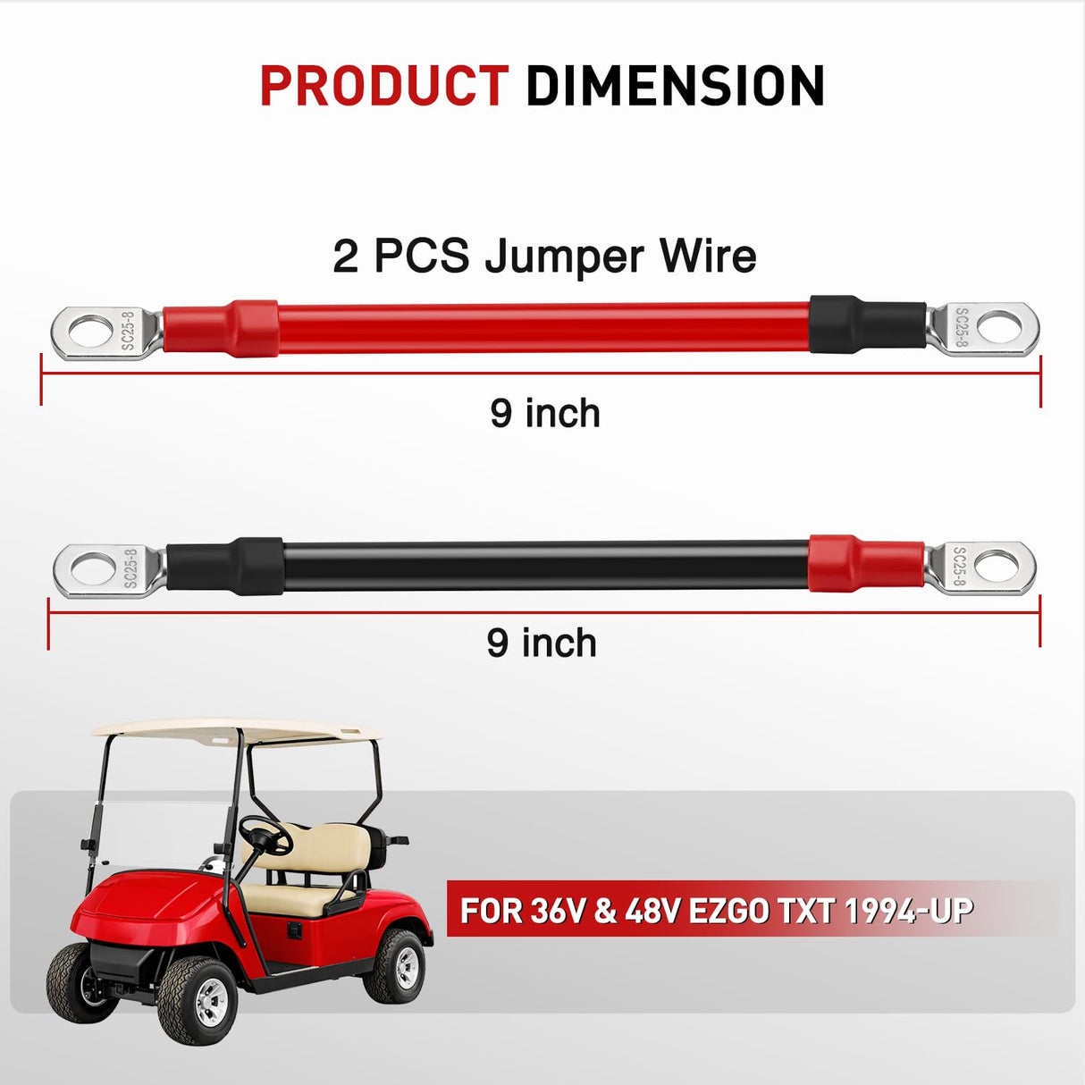 2PCS 4 AWG 9 Inch Golf Cart Battery Cable Kit Pure Copper for EZGO TXT | Heavy Duty Pure Copper AC/DC Wire Kits with Tinned Copper Lugs for 36V/48V EZGO TXT 1994-up