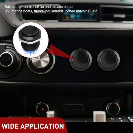 19mm Momentary Push Button Switch 12V Waterproof Black Metal Round Starter Power Switches 2PCS 2 Pin Screw Terminal for Car Truck Horn Boat Marine RV Vehicle
