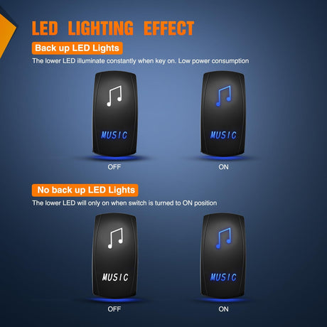 Music Rocker Switch Led Light Bar 5 Pin Laser On Off SPST Switches 20A/12V 10A/24V Blue with Jumper Wires Set for Cars Trucks Boats ATVs UTVs RVs