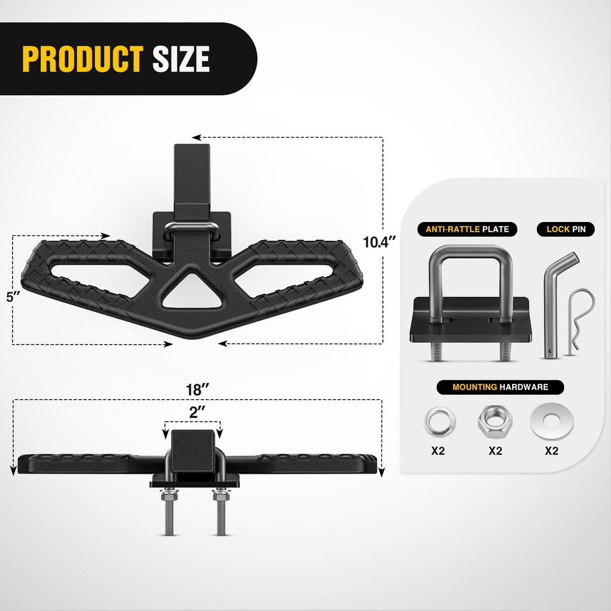 Tow Hitch Step Bar 2 Inch Receiver Bumper Guard Jeep Truck SUV Van | Rear Bumper Protector Heavy Duty Steel 350lbs Capacity Wide Non-Slip 5/8 Inch Pin Clip Anti-Rattle Stabilizer Rust-Resistant