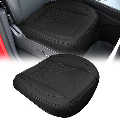 Car Seat Cushion Cover Black Geometric Embroidered Leather Front Seats Waterproof Anti-Slip Comes with Storage Bag Wraps Bottom Fits Cars Sedan Van SUV Truck