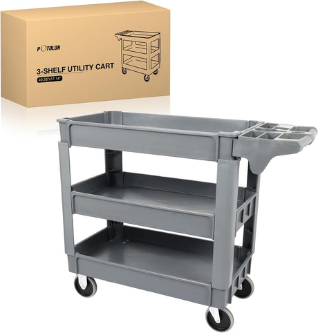 Heavy Duty 3-Shelf Plastic Utility Cart - 550 lbs Capacity Rolling Service Cart with 5 Inch TPU Silent Wheels & Integrated Tool Handle - Grey