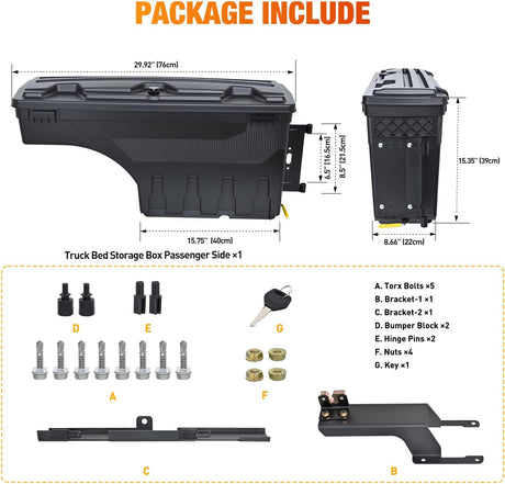 Truck Bed Tool Box Right Passenger Side Truck Tool Box Fit for Ford F-150 2015-2021 ABS Swing Case Truck Bed Storage Box with Lockable Lid Waterproof Wheel Well Toolbox Black