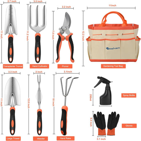 Gardening Tools 9-Piece Heavy Duty Garden Tool Set Gardening Supplies Gifts for Women Men Gardening Hand Tool Kit with Non-Slip Ergonomic Handle, Garden Bag, Durable Gloves and Shears, Orange